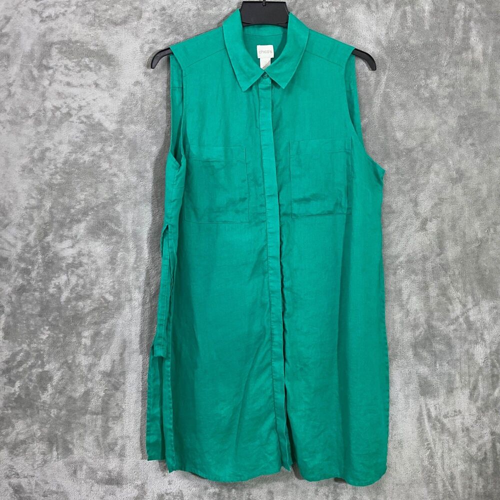 Chicos 100% Linen size 2/L tunic top button up side slit  green lagenlook Travel